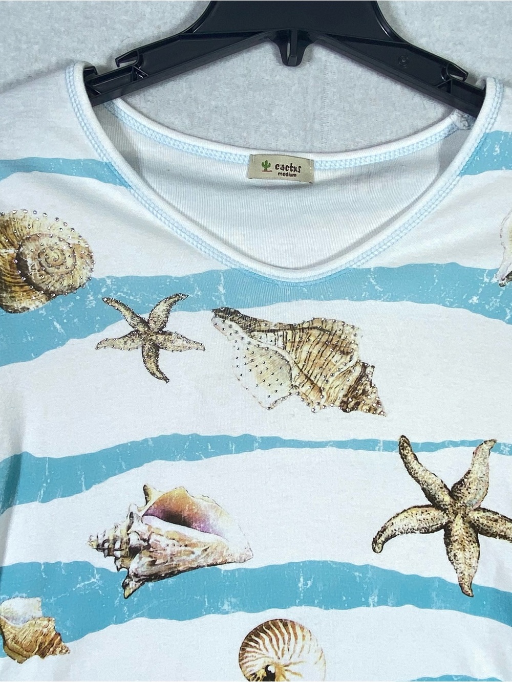 Cactus Nautical Striped Beach Top Women M Seashells Starfish Conch V-Neck Bling - Picture 3 of 11
